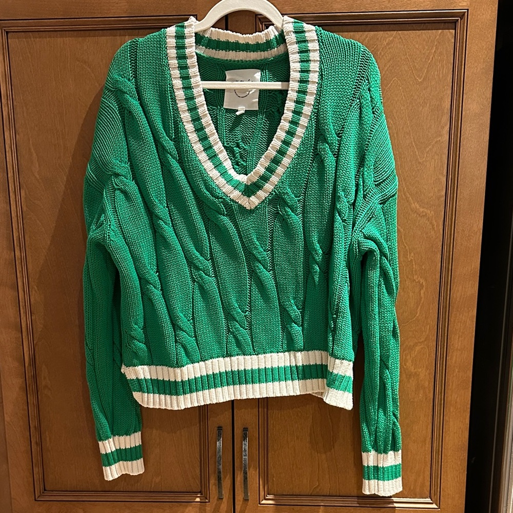 Aerie Green and White V-Neck Sweater